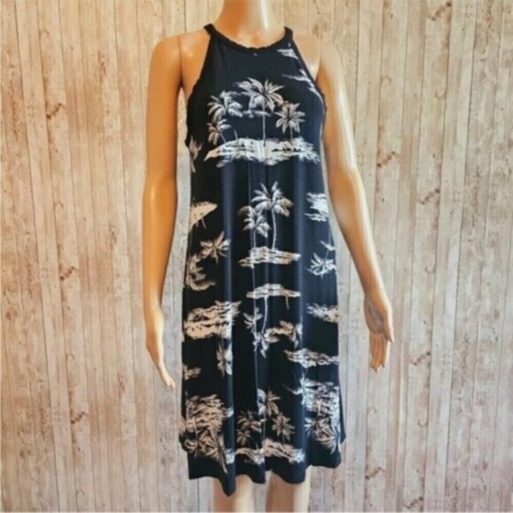 Black Palm Print Halter Mini Dress